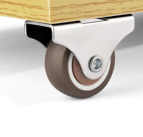 Close-up of one caster from set of 8 1 inch fixed caster wheels with screws, brown, for light duty carts, low profile non marking.