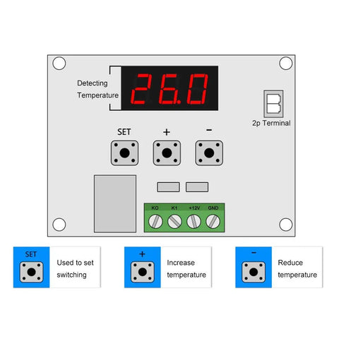 Digital Temperature Controller Module W1209 12V DC With 10A Relay showing display, buttons, and terminals for DIY projects.