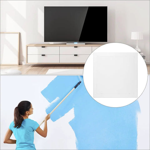 Top Shelf 12X12 Inch Drywall Access Panel With No Sweat Quick Setup And Paintable White Finish For Indoors Or Outdoors Dang Tough ABS Wall Hole Cover installed in a home.