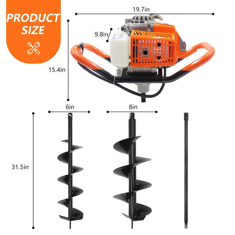 Heavy Duty 72cc 2-Stroke Gas Powered Post Hole Digger With 6 Inch And 8 Inch Auger Bits And Extension Rod Anti-Vibration Engine