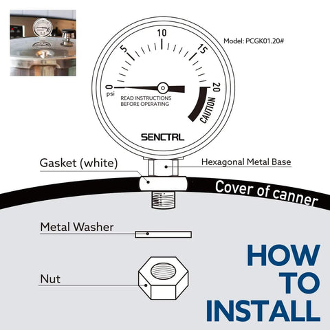 20 Psi Pressure Cooker Gauge Replacement With 2 Inch Dial, Stainless Steel Case, Three Eighths Inch UNC Lower Mount, IP67 Waterproof, Gasket, Washer And Nut, For Steam Canner And Pressure Cooker, Rugged Build And Easy Read diagram