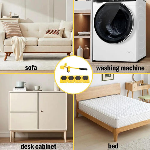 Vivicreate Heavy Duty Furniture Mover Kit With Wheels And Sliders For Moving Sofas Beds And Cabinets Includes Roller Dolly Tool To Slide Large Appliances Like Washing Machines Easy Lifter Helper In Yellow displayed with a sofa, washing machine, desk cabinet, and bed.