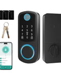 Go Keyless Front Door Smart Lock With Fingerprint, App Control, Electronic Keypad Deadbolt, Passcode Access, Bluetooth Unlock, Physical Key Backup, showing lock, keys, and app feature.