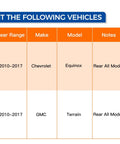 Compatibility chart for 2010-2017 Chevrolet Equinox and GMC Terrain, rear all models