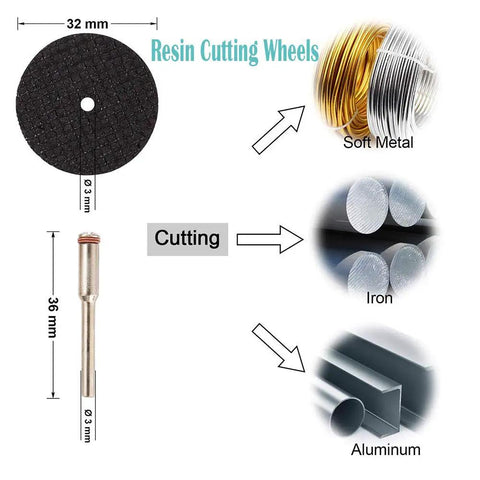 Diagram of 10 Pc Resin Cut Off Discs for Rotary Tool Set showing cutting capabilities on soft metal, iron, and aluminum.