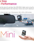 Compact 2K Dash Cam With 60FPS HDR Dope Night Vision STARVIS 2 mounted behind car mirror showing mini size, easy installation.