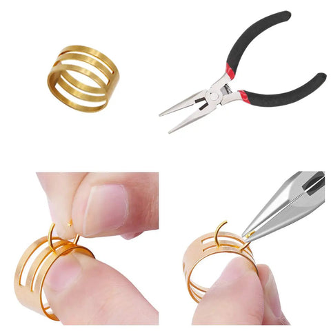 All In One Jewelry Making Kit With 1314 Open Jump Rings And 40 Lobster Clasps Pliers Tweezers Jump Ring Tool Opener And 10 Black Waxed Necklace Cords 22 Inches In Gold And Silver For Diy Necklace Repair And Craft Projects showing tools and jump ring usage