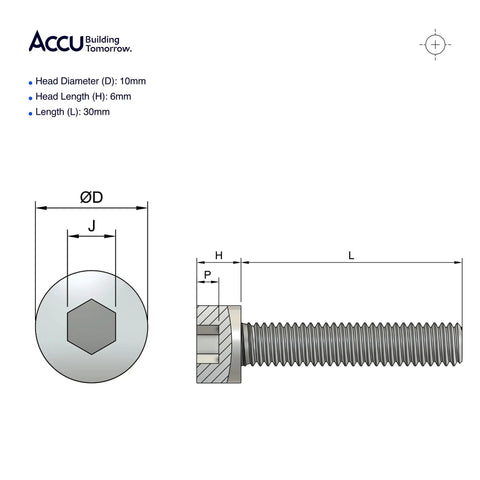 Bulletproof M6 X 30mm Full Thread Socket Cap Head Screws Din 912 Grade 12.9 High Tensile Steel Zinc Plated detailed size diagram