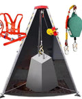 Heavy Duty Beef Rock Solid Rescue Tripod For Industrial Fall Protection And No Sweat Lifting Rig Up To 2600 Lb Max Capacity with harness and pulley.