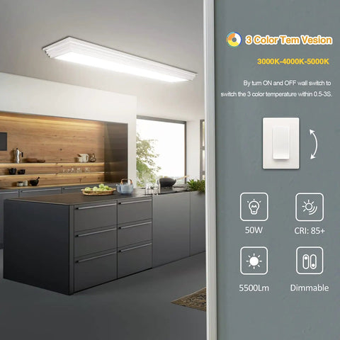 Dimmable 2 Foot LED Wraparound Light With 3 CCT Adjustable 3000K 4000K 5000K, flush mounted in modern kitchen ceiling