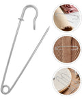 Rugged Heavy Duty Iron Safety Pins Pack Of 50 for thick sweaters, showing silver brooch clip and usage examples.