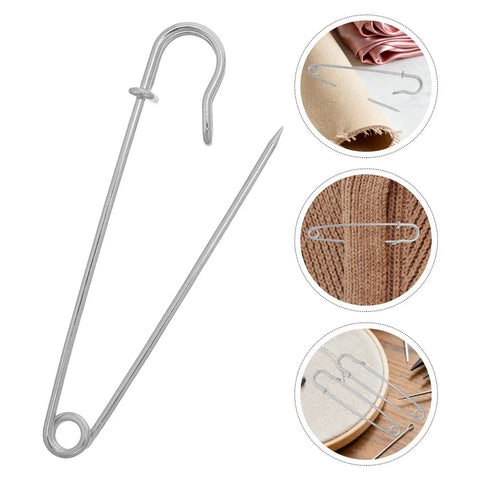 Rugged Heavy Duty Iron Safety Pins Pack Of 50 for thick sweaters, showing silver brooch clip and usage examples.