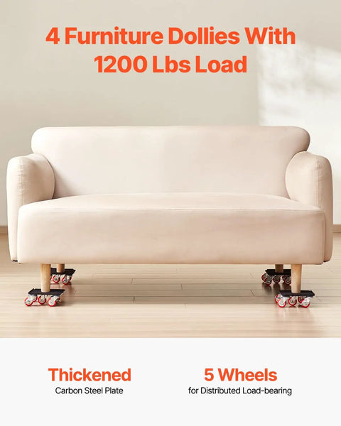 Heavy Duty Furniture Dolly With Five 360 Swivel Wheels, Carbon Steel Panel Lift Slider Set For Appliances, Sofas, Fridges, And Washing Machines, shown under sofa