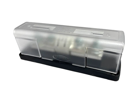 Class T Fuse Block 225A To 400A Plug and Play Setup for RV Marine and Solar Builds Silver OEM Swap side view with black base.