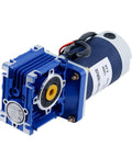 Hella Tough 60W DC Worm Gear Motor With 12V And 24V Hookup featuring blue alloy casing and compact right angle drive for DIY projects.