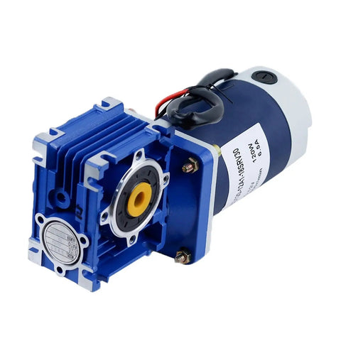 Hella Tough 60W DC Worm Gear Motor With 12V And 24V Hookup featuring blue alloy casing and compact right angle drive for DIY projects.
