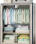 Heavy Duty Portable Closet With Durable Non Woven Fabric Garment Rack And Spacious Storage Shelf Super Easy Assembly For Hella Roomy Extra Clothes Organization Blue 110X45X160Cm with folded clothes and hanging shirts.