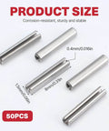 50 Pcs Slotted Spring Pins 2.2mm By 8mm 304 Stainless Steel Dowel Fasteners For Automotive Repair shown with size dimensions