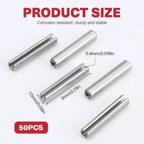 50 Pcs Slotted Spring Pins 2.2mm By 8mm 304 Stainless Steel Dowel Fasteners For Automotive Repair shown with size dimensions