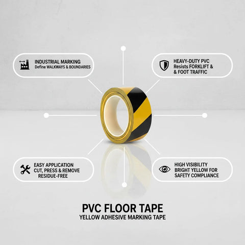 Top Shelf Yellow Floor Marker Tape With Hell Yeah Adhesion For Concrete And Epoxy Surfaces, shown on a surface with details.