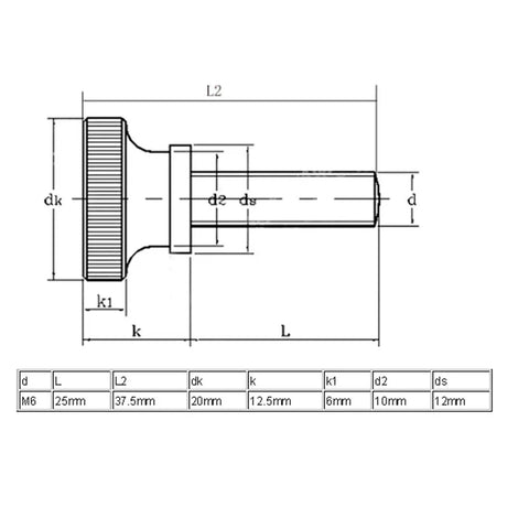 M6 X 25mm Flat Knurled Head Thumb Screws Heavy Duty Fully Threaded Machine Bolts diagram showing dimensions and specifications.