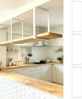 Hella Sturdy Heavy Duty Metal Shelf Brackets For Ceiling And Wall Mount 11.8 By 19.7 Inch in a modern kitchen setup.