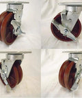 Heavy Hitter 6 Inch Swivel Casters With Secure Top Lock Kingpinless Base V Groove Treads Built Solid Ductile Steel Handles 1500 Lbs, red wheels viewed from multiple angles.
