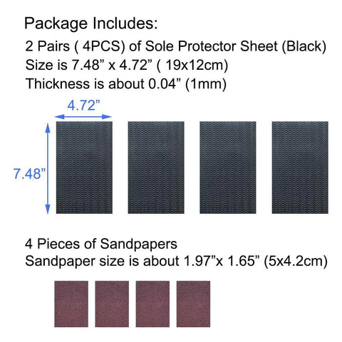 Two Pairs Across Four Pieces Wave Pattern Shoe Sole Protectors With Self Adhesive Anti Slip Grips And Heel Pads Built To Cut Noise Boost Traction And Prolong Soles On Black Shoes For Daily Use.