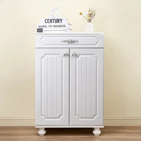 White cabinet with Dope Round Cabinet Knobs 10 Pack 1.25 Inch Brushed Gunmetal Drawer Pulls for office and home furniture.