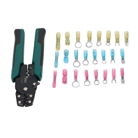 Self Adjusting Ratchet Ferrule Crimping Tool Kit For AWG 22 Through 10 Wire Includes 200 Insulated Heat Shrink Butt Connectors