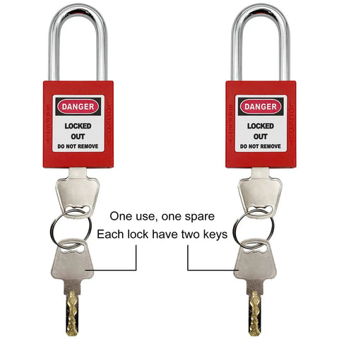 On The Go Lockout Tagout Kit With Clamp-On Circuit Breaker, red padlocks with keys labeled 'Danger' in OSHA Compliant Safety Gear