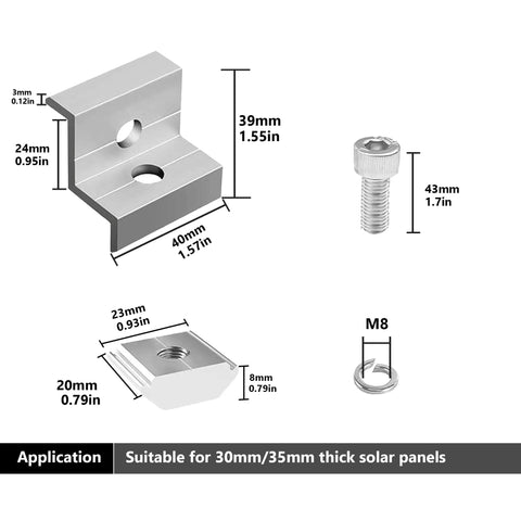 Heavy Duty 10 Pack Solar Panel End Clamps For 30 mm And 35 mm Pv Modules with aluminum and stainless steel dimensions and details.