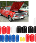PVC Vacuum Line Cap Assortment Kit, 20 Piece Set with caps in varied sizes shown in front of red car with open hood