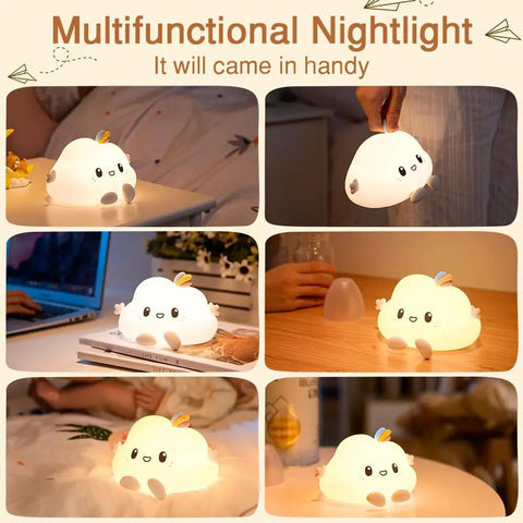 LED Cloud Night Light With 16 Color Options Silicone Cloud Lamp on table, demonstrating versatility and dimmable features.