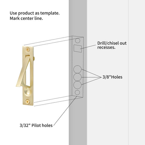 Installation guide diagram for Pocket Door Edge Pull 4 Inch Flush Mount Handle In Brushed Brass Satin Brass Finish With Stainless Steel Construction