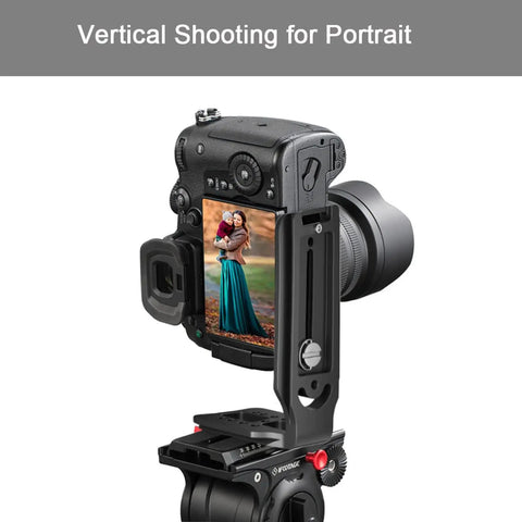 Versatile DSLR L Bracket for quick portrait to landscape swaps with camera setup for vertical shooting on stabilizer