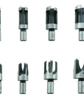 Heavy Duty High Speed Steel Dowel Plug Removal Drill Bit Set, Titanium Coated Carpenter Tools displayed with varying sizes.
