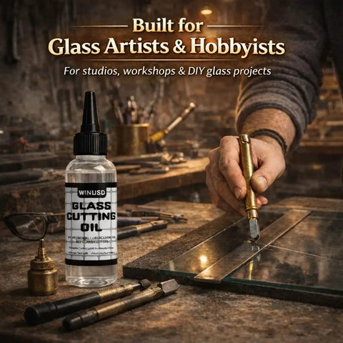 Pro Grade Glass Cutting Oil For All Cutting Tools Let Your Cutter Wheel Glide With Minimal Friction For Clean Scoring And Fewer Breaks Ideal For Stained Glass Mirrors Bottles Tiles Mosaic And Glass Cutter Wheels bottle next to a hand using a cutting tool on glass