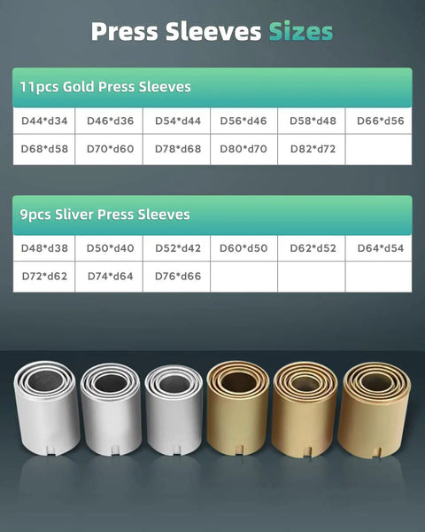 Sizes of 20 adjustable sleeves in the All-in-One Universal Press And Pull Sleeve Kit for cars, vans, trucks engines.