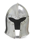 Front view of Medieval Barbuta Helmet With Liner for Larp, Cosplay, Halloween and Theatrical Props, steel construction.