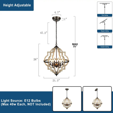 Geometric Orb 6-Light Farmhouse Chandelier With Stardust Finish And Rustic Oak Wood Open Orb Frame, dimensions shown