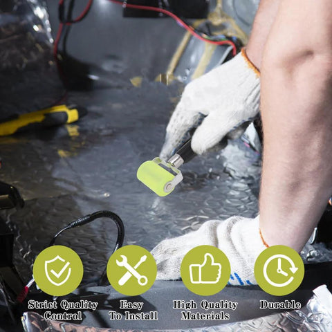 Close-up of HAOBO automotive sound-deadening roller with lime-green wheel and metal handle being used on car interior insulation