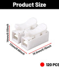 Quick Plug Electrical Cable Connectors 120 Pack 2 Pin push spring loaded terminal size dimensions 14mm x 17mm x 19.5mm
