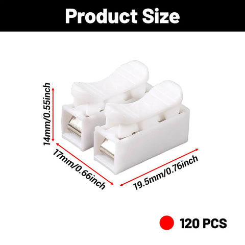 Quick Plug Electrical Cable Connectors 120 Pack 2 Pin push spring loaded terminal size dimensions 14mm x 17mm x 19.5mm