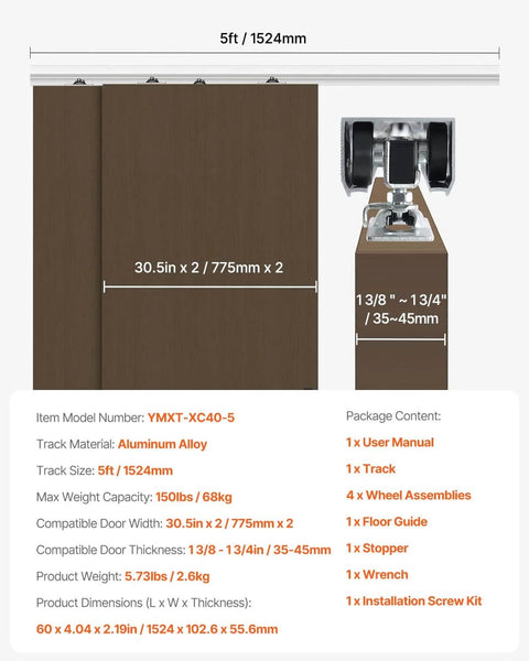Diagram of Five Foot Bypass Sliding Door Hardware Kit for Closets Aluminum Alloy Rail System Two Door Set