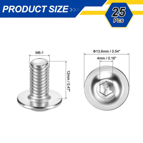25 Pcs M6 1x12mm 304 Stainless Steel Flanged Button Head Socket Cap Screws Kit dimensions