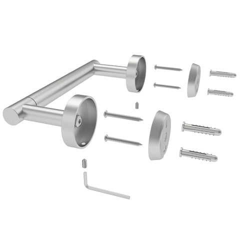 Wall Mount Double Post Pivoting Toilet Paper Holder in Brushed Nickel, SUS304 stainless steel, with installation screws and anchors.