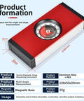 Precision for spirit Level 9in Magnetic Aluminum Frame Bubble Level Tool for Plumbing Woodworking Drywall Installation Accurate Reading(Level) showing a red slope measuring tool with a circular dial, dimensions 108x50x20mm.
