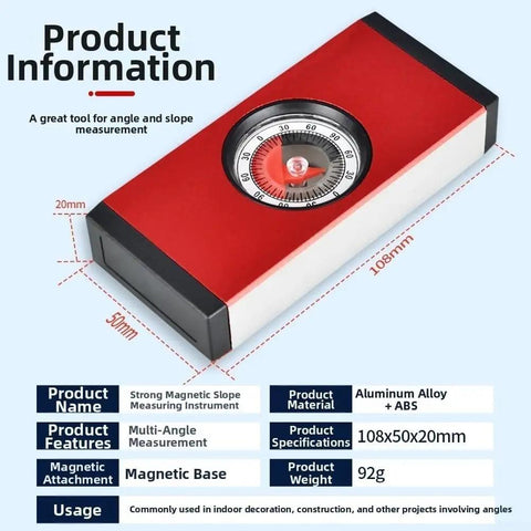 Precision for spirit Level 9in Magnetic Aluminum Frame Bubble Level Tool for Plumbing Woodworking Drywall Installation Accurate Reading(Level) showing a red slope measuring tool with a circular dial, dimensions 108x50x20mm.