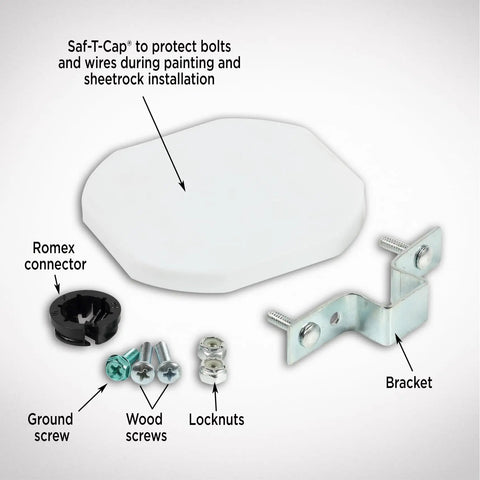 Saf-T-Brace Ceiling Fan Mounting Kit components including Saf-T-Cap, Romex connector, ground screw, wood screws, locknuts, and bracket.